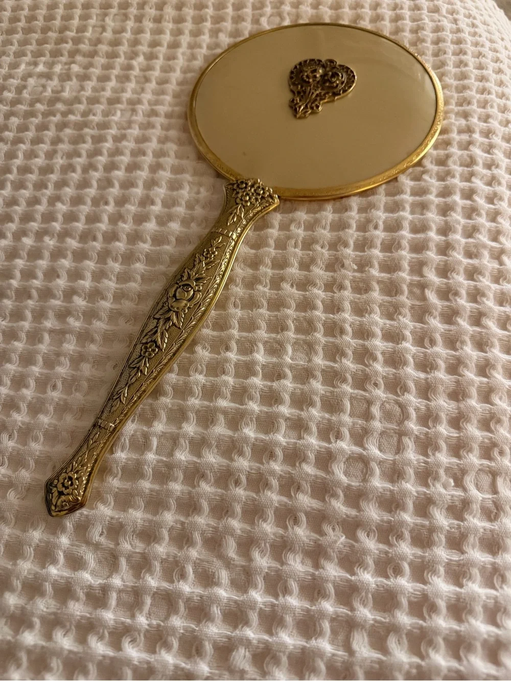 Vintage 24k gold-plated or brass-plated ornate hand mirror